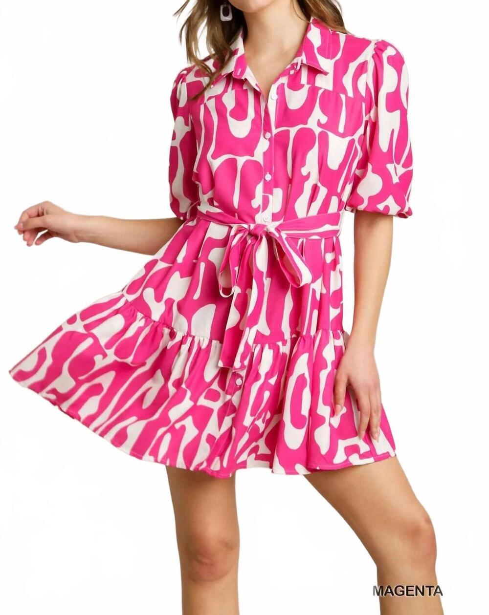 NEW UMGEE shirt mini dress with tie belt in magenta